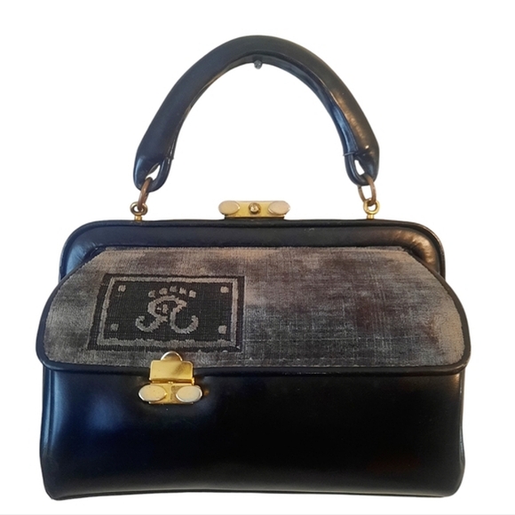 ROBERTA DI CAMERINO Vintage Leather Bagonghi Bag w/ Velvet Trim Black/Grey - Picture 3 of 13